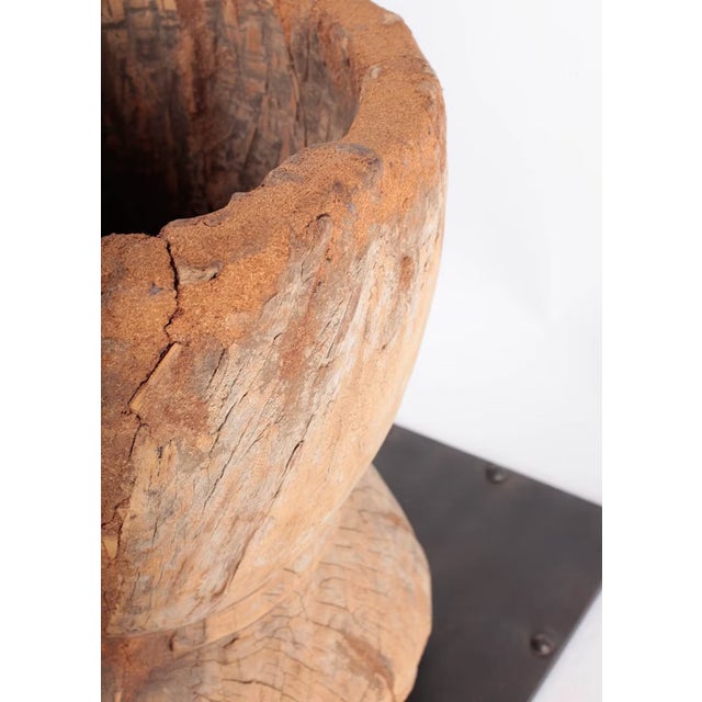 Antique Hand Carved Wood Mortar on Display Stand For Sale - Image 9 of 17