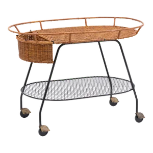 1960s Mid Century Rattan Iron Tea Cart Attributed Arthur Umanoff Unmarked