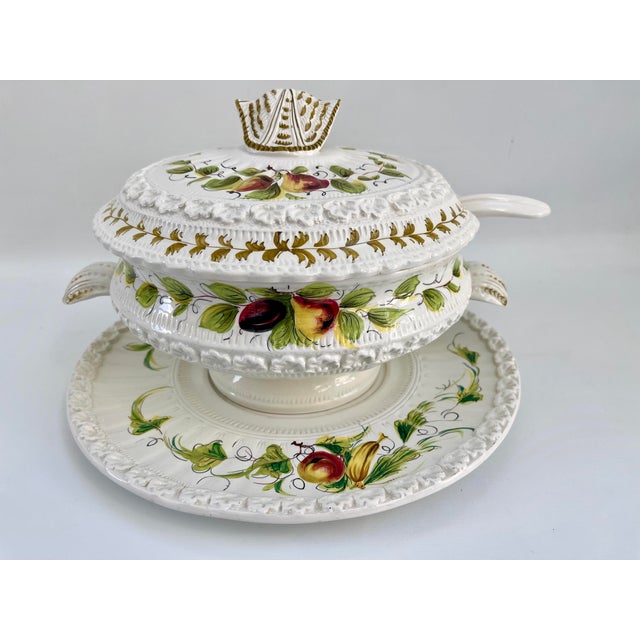 Large Italian Hand-Painted Porcelain Soup Tureen W/ Lade and Under Platter - Set of 3 For Sale - Image 9 of 12