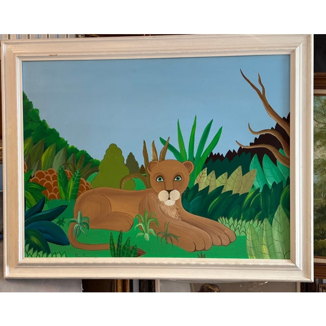 Blue Early 20th Century Paul Boureau Lion Cub Painting on Canvas Signed by the Artist For Sale - Image 8 of 8