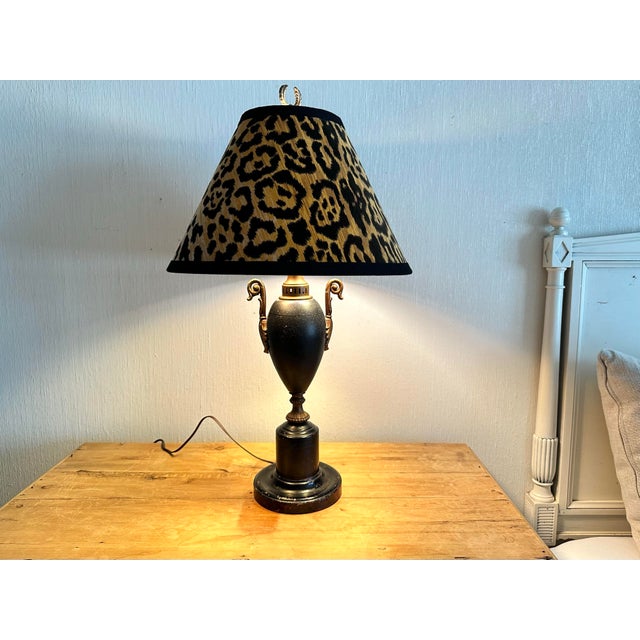 1970s Vintage Black Metal Urn Lamp With Leopard Print Shade For Sale - Image 5 of 12