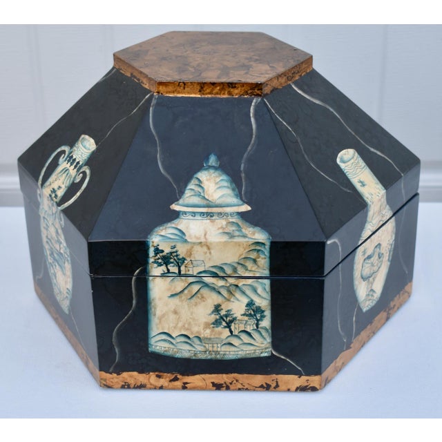 Vintage (1990's) Hexagonal Box has an Asian Influence. Different Vessels on Each Side. The Box is made of Wood &...