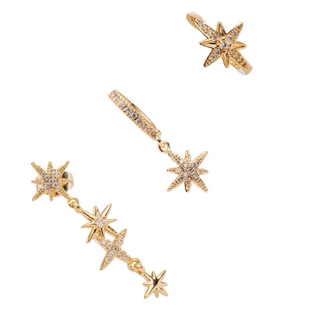 Gold Celestial Trinity Gold & Diamond Earring Set For Sale - Image 8 of 10