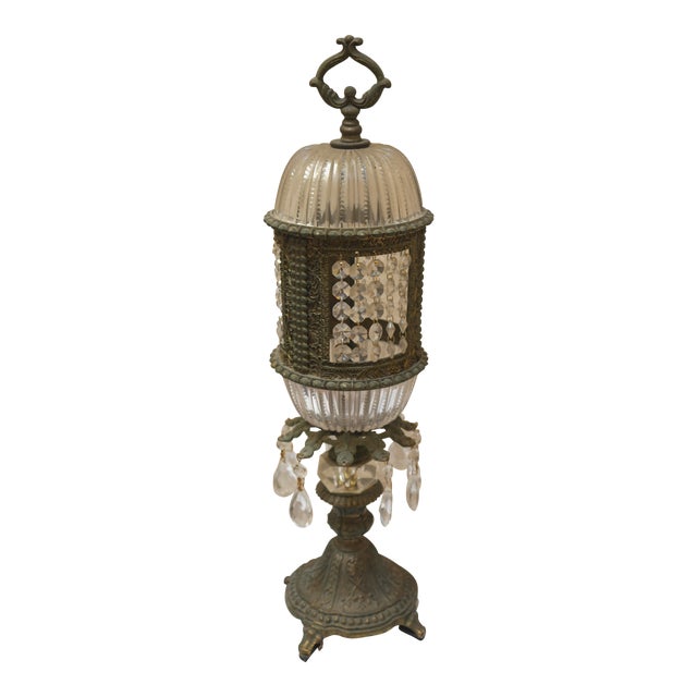1915 Antique Bronze Art Nouveau German Crystal Prism Table Lamp For Sale
