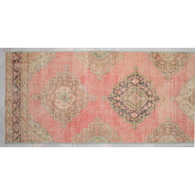 Long Turkish Hallway Runner 3x13, Muted Pink and Green Oushak Rug, Hand Knotted Vintage Runner, Mid-Century Entryway Rug For Sale - Image 11 of 15