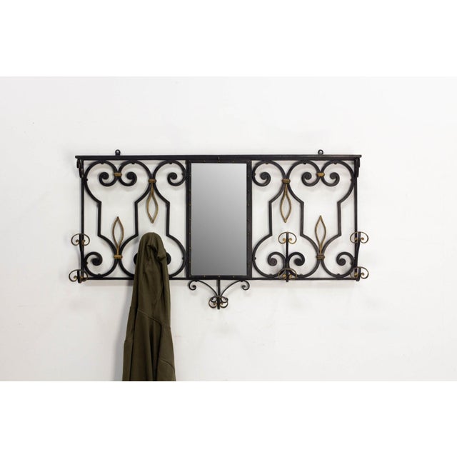 French Wall Coat Hat Rack Stand in Wrought Iron with Mirror, 1950s For Sale - Image 3 of 9