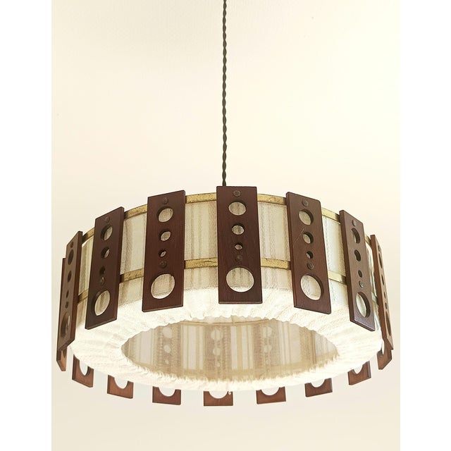 Scandinavian Teak and Fabric Pendant Light, 1960 For Sale - Image 4 of 11