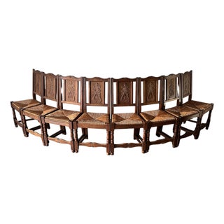 Early 20th Century French Carved Oak Rush Seat Dining Chairs, Set of 8 For Sale