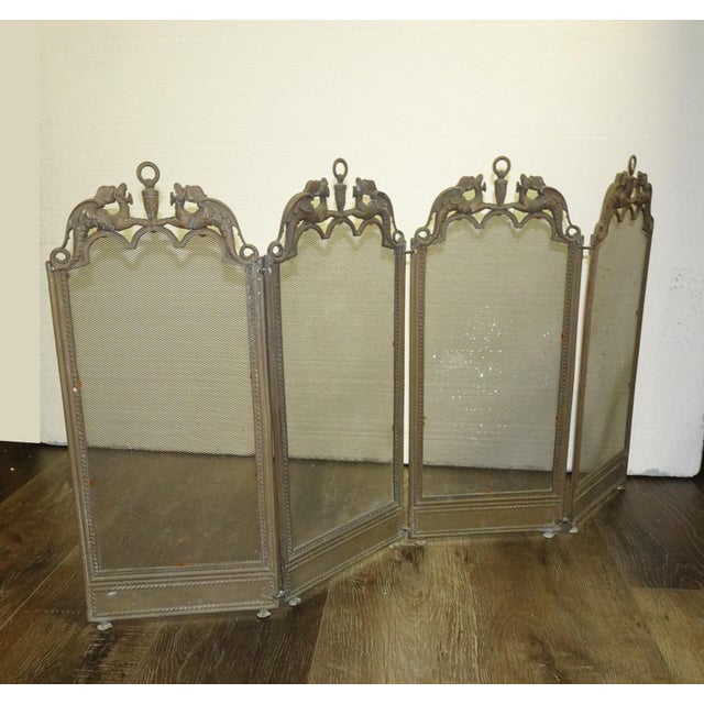 1970s Vintage Four Panel Short 20" High Fireplace Screen Guard W Dragon Motifs For Sale - Image 5 of 8