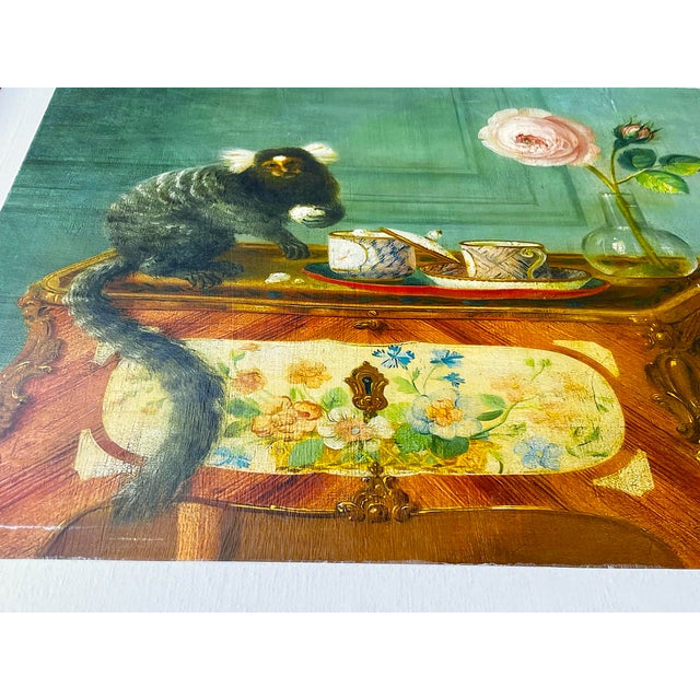 1980s 1980s Louis Tessier, a Marmoset Monkey Taking Sweets on a Painted Commode Giclée Reproduction Print on Canvas in Lattice Frame For Sale - Image 5 of 11