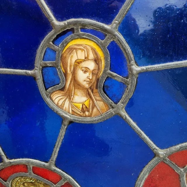 Glass Antique Flemish Dutch Stained Glass Window Panel With Bishop For Sale - Image 7 of 12