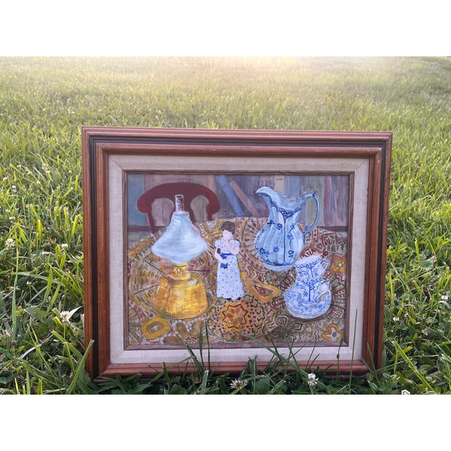 Vintage Oil Painting Still Life Blue & White Porcelain Kerosene Lamp Signed “The Royal Copenhagen” For Sale - Image 4 of 10