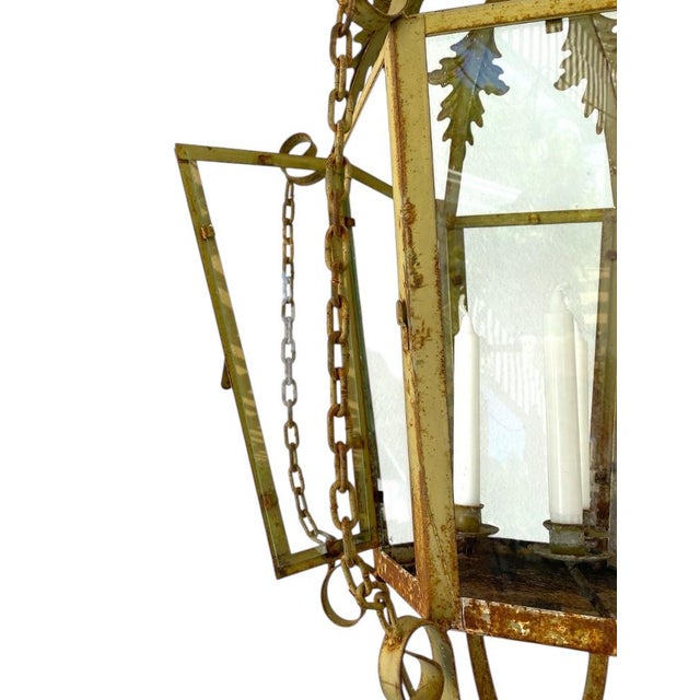 Shabby Chic Vintage Large Metal & Glass Hanging Candle Lantern For Sale - Image 3 of 6