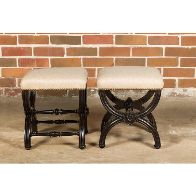 Black Viennese 1900s Black Stools with X-Form Bases and Custom Upholstery, a Pair For Sale - Image 8 of 12