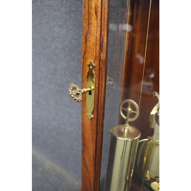 Brass Howard Miller “Taylor” Mahogany Grandfather Clock With Brass Dial & Triple Weights For Sale - Image 8 of 14