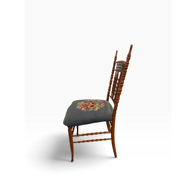French Antique Napoleon III Faux-Bamboo Turned Spindle Side Chair With Floral Needlepoint Seat For Sale - Image 3 of 9
