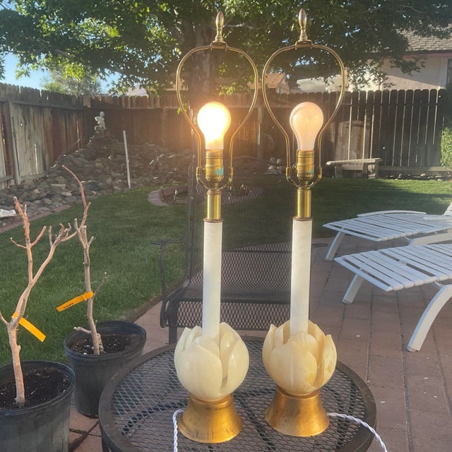 Hollywood Regency Mid Century Floral Carved Alabaster and Marble Lamps-a Pair For Sale - Image 3 of 3