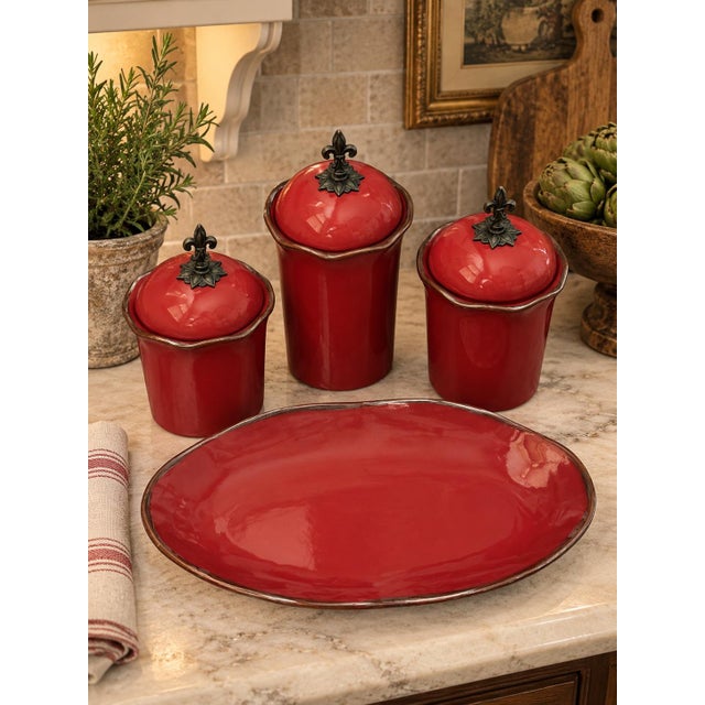 Southern Living “Cinnabar” Red Ceramic Canister Set & Oval Platter – 4 Pieces For Sale - Image 12 of 12
