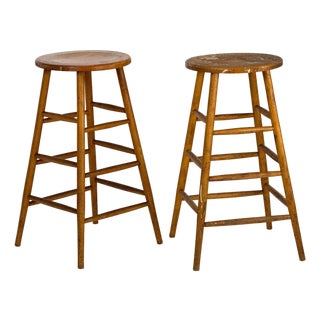 Vintage 1940s Pair of (2) 29.25" Tall Wood Artist Studio Stools For Sale