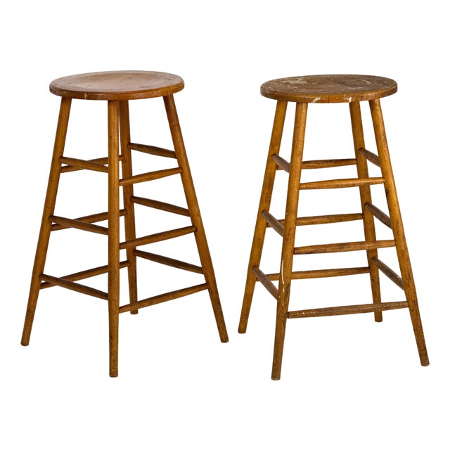 Vintage 1940s Pair of (2) 29.25" Tall Wood Artist Studio Stools For Sale