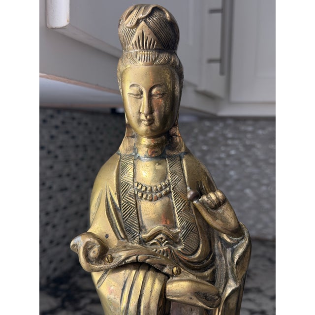 Vintage Cast Brass Guanyin Figure on Fish and Wave Base For Sale In Houston - Image 6 of 9
