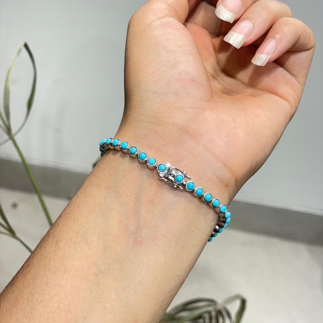Turquoise Classic 5.07 Ct Bezel-Set Round Natural Turquoise Tennis Bracelet in 925 Silver For Sale - Image 8 of 14