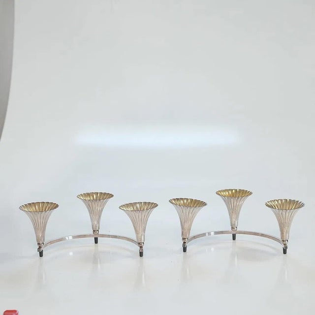 Sheffield silver plate centerpiece made in the USA. Art Deco style circa 1940s table centerpiece. Fluted cones with wide...