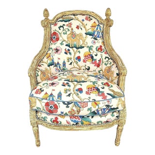 Louis XV Bergere Linen Gilt Lounge Chair With Elephants Monkeys Flowers For Sale