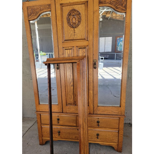 Antique Armoire / Wardrobe English Oak With Beveled Mirror Doors For Sale - Image 14 of 18