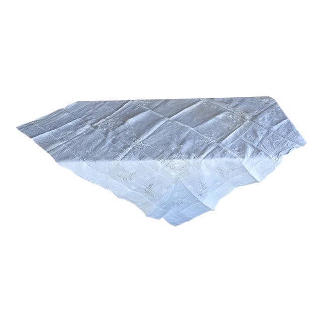 Antique White Linen Butterfly Embroidered Openwork Tablecloth For Sale