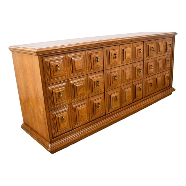 Mid Century Modern Credenza Server Buffet Stanley Oak 9 Drawers Cabinet 1970s For Sale