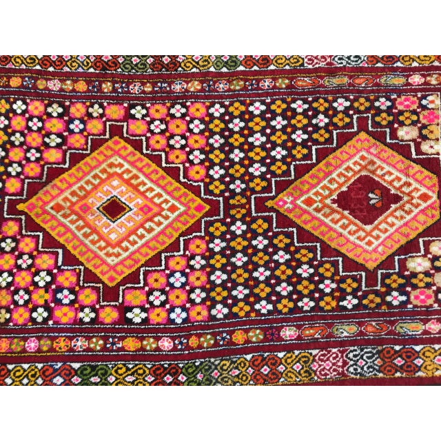 Wonderful Moroccan rug with nice geometric tribal design and beautiful colors with orange, pink, yellow, green, purple and...