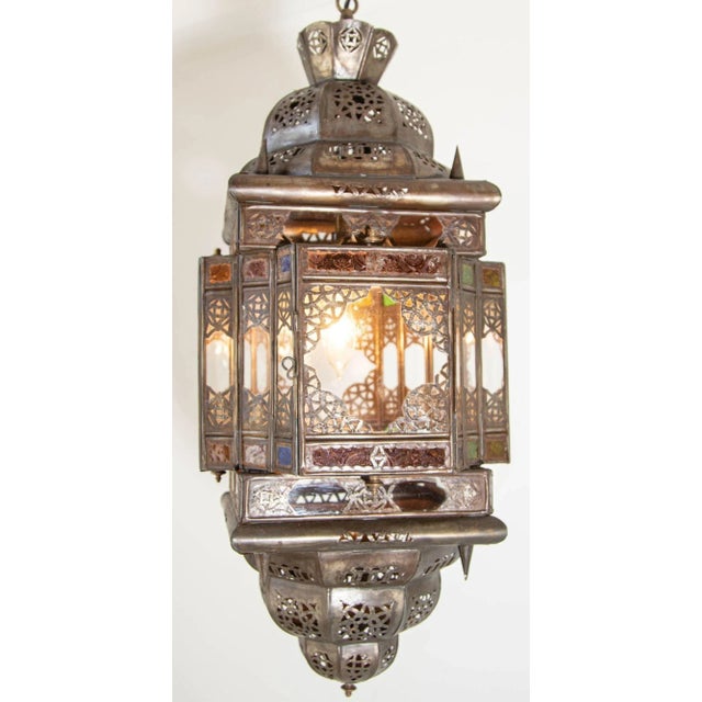 Brown Vintage Moroccan Hanging Lantern Clear and Multicolor Glass Made in Marrakech For Sale - Image 8 of 12