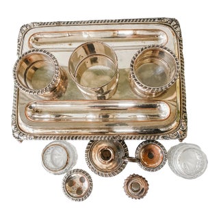Rare Early 19th Century Old Sheffield Plate Inkwell Stand With Original Cut Glass Inserts, Circa 1820 For Sale