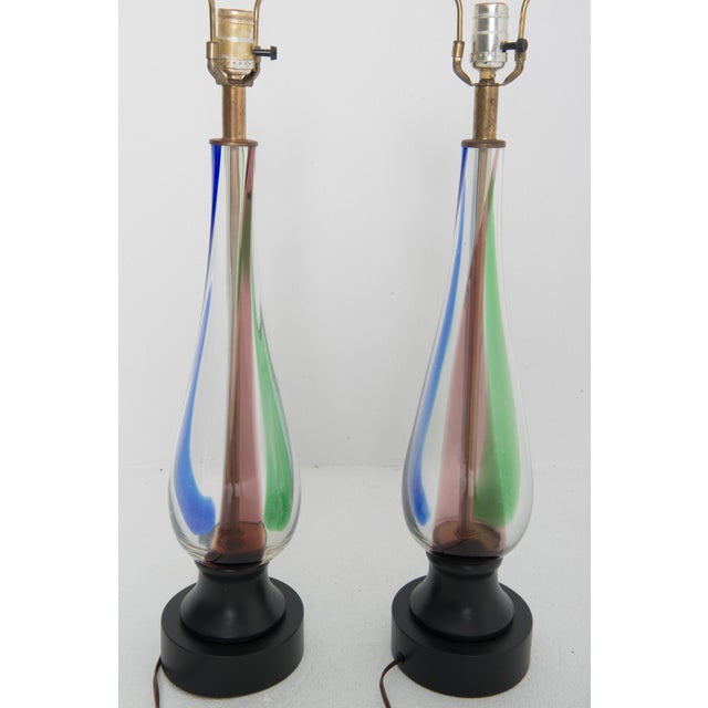 Pair of Mid Century Modern Multi Color Blown Glass Lamps For Sale - Image 4 of 12