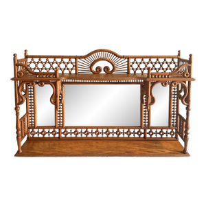 Late 19th Century Aesthetic Movement Stick & Ball Mirrored Mantel Topper With Shelves Light Oak Triptych Mirror