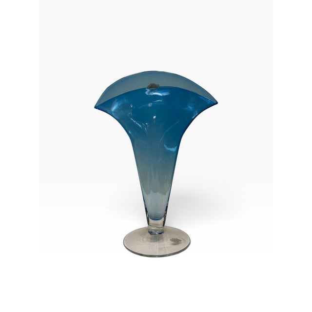 Blenko 2001 Signed Blenko Handblown Sapphire Blue Fan Art Glass Vase - Model #872 For Sale - Image 4 of 7