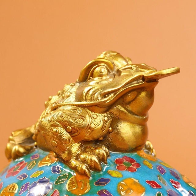 Metal Vintage Cloisonne Enamel Golden Toad on Coin Bag – 5.5" Wealth Figure For Sale - Image 7 of 8