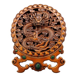 Vintage Chinese Boxwood Dragon Screen | Hand-Carved Table Screen With Gemstone Inlay For Sale