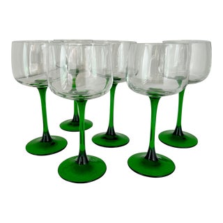 Mid 20th Century Luminarc Green Stemmed Large Wine Glasses - Set of 6 For Sale
