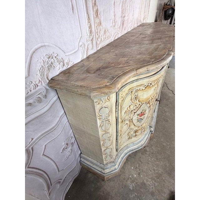 Italian Rococo Painted Serpentine Credenza With Floral Cartouches For Sale - Image 9 of 17