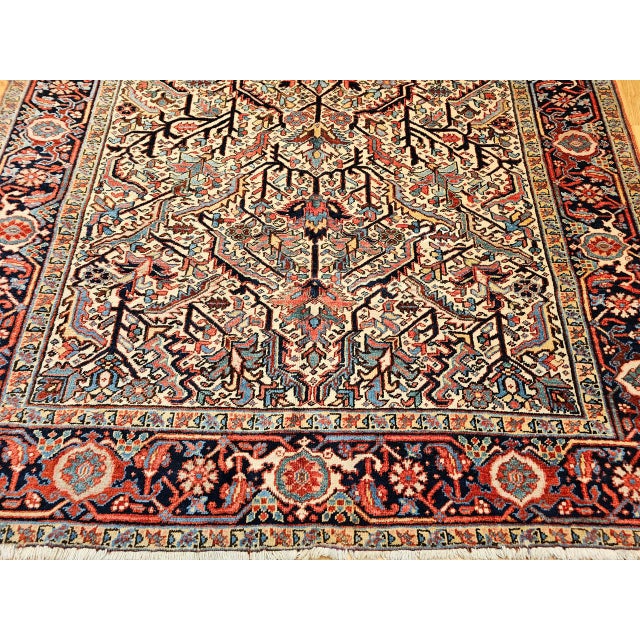 Vintage Heriz Serapi Rug, Hand-Knotted Wool, Allover Geometric Pattern, Ivory & Red, 7x10 For Sale - Image 16 of 18