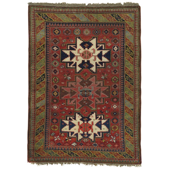 Antique Kuba Rug, Handmade Oriental Rug, Red, Green, Yellow, Ivory, Blue, White For Sale - Image 13 of 13