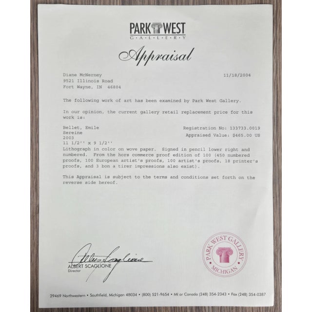 Emille Bellet Sereine Signed Numbered Hc 51/100 Lithograph, Framed For Sale - Image 9 of 10