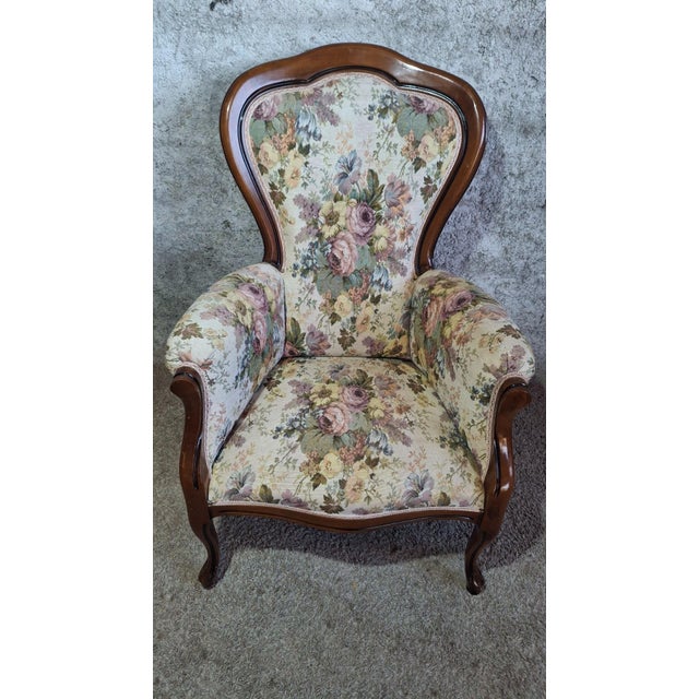 Brown Louis XV Style Lounge Chair with Floral Jacquard Tapestry, 1890s For Sale - Image 8 of 10