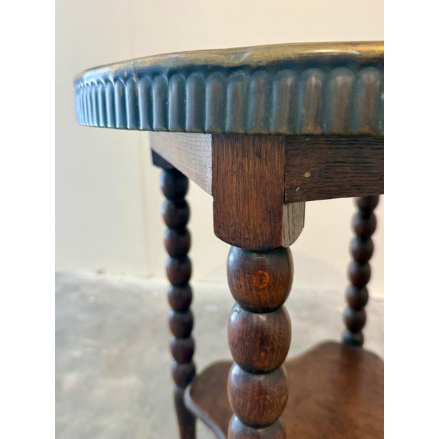 Vintage French Oak Bobbin Leg Table W/Moroccan Brass Top For Sale In Houston - Image 6 of 12