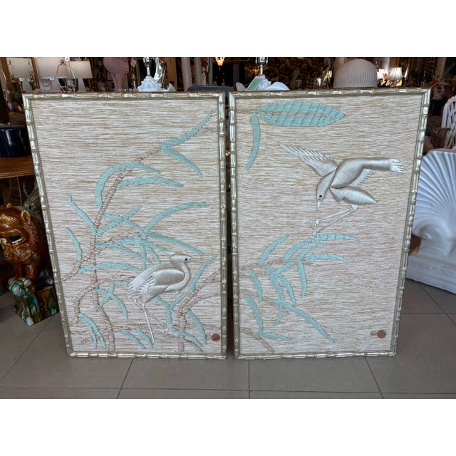 Tan Don Freedman Pair Wall Tapestry Framed Bamboo Woven Textile Silk Art Birds For Sale - Image 8 of 12