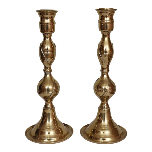 Atomic Polished Brass Candlestick Holders, a Pair For Sale