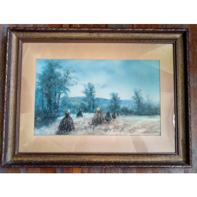 19th Century American Pastel Moonlit Nocturne Pastural Landscape With Haystacks For Sale - Image 4 of 16