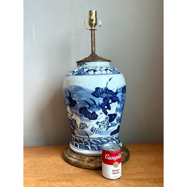 Antique Style Blue Ceramic Lamp With Wooden Base For Sale - Image 9 of 17